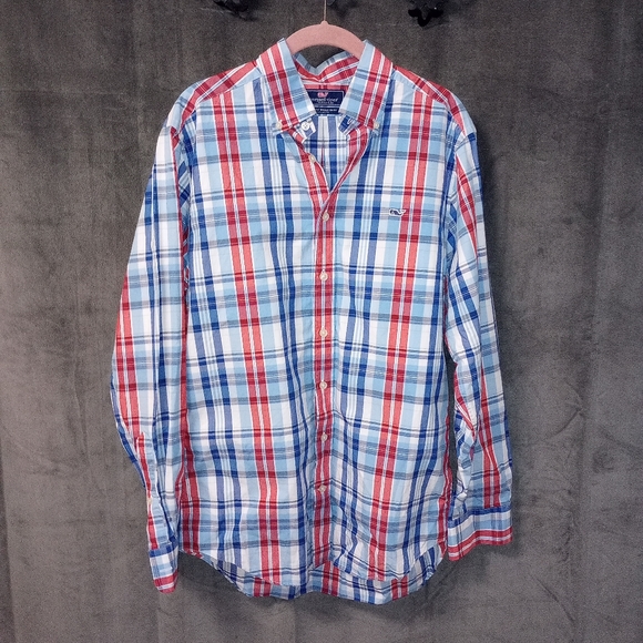 Vineyard Vines Other - Vineyard Vines Red White Blue Plaid Slim Fit Whale Shirt 100% Cotton Size Medium
